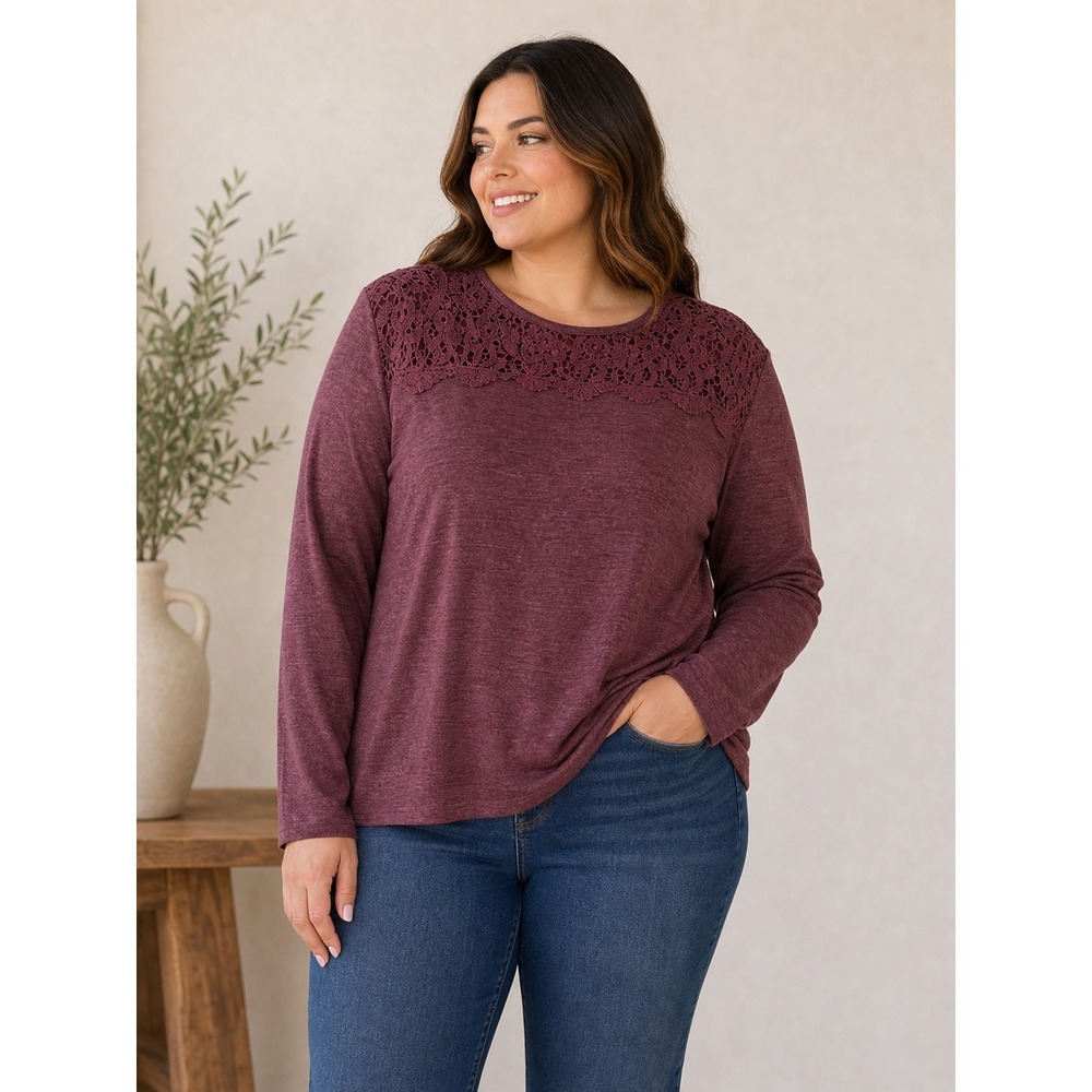 Umgee Crochet Lace Yoke Top W 1XL Burgundy Excellent Slub Knit Blouse WR7016